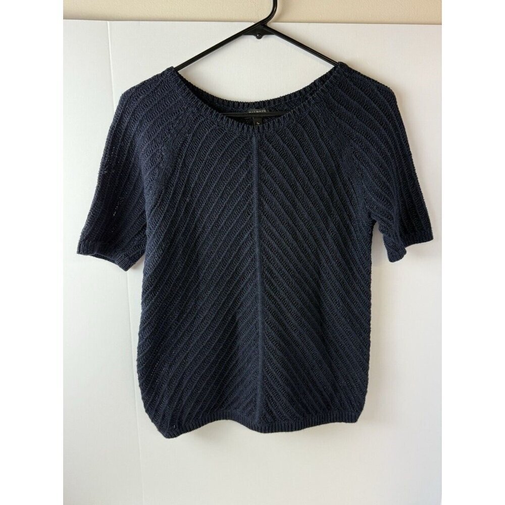 Talbots Lurex Sweater Women Sz S‎ Petite Short Sleeve Pullover Loose Knit Navy